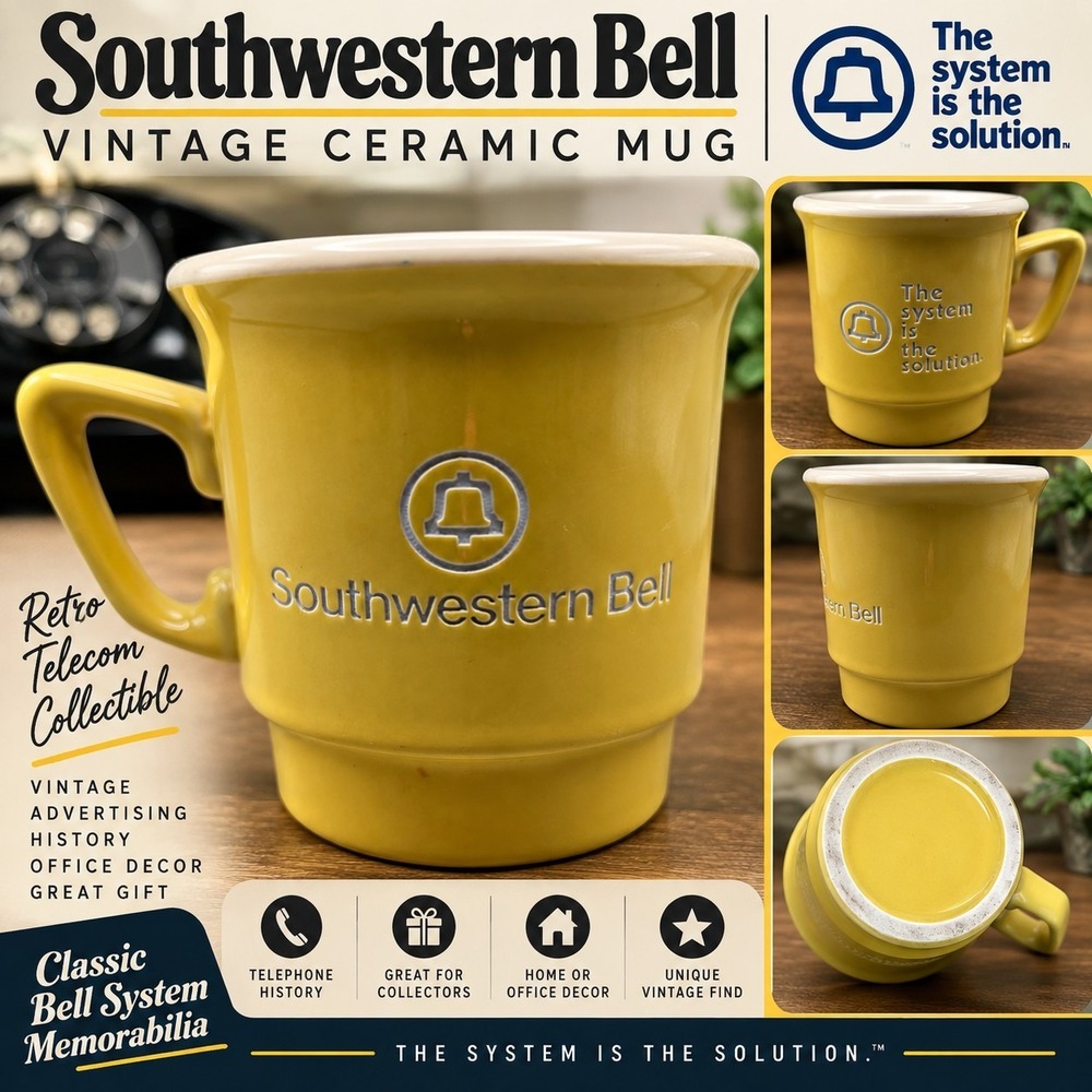 Vintage Southwestern Bell Telephone Mug Yellow Bell System Logo Advertising Cup